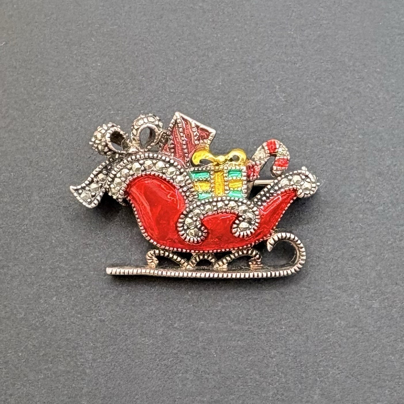 Judith Jack Sterling Silver Enameled Marcasite Christmas Sleigh Pin Brooch